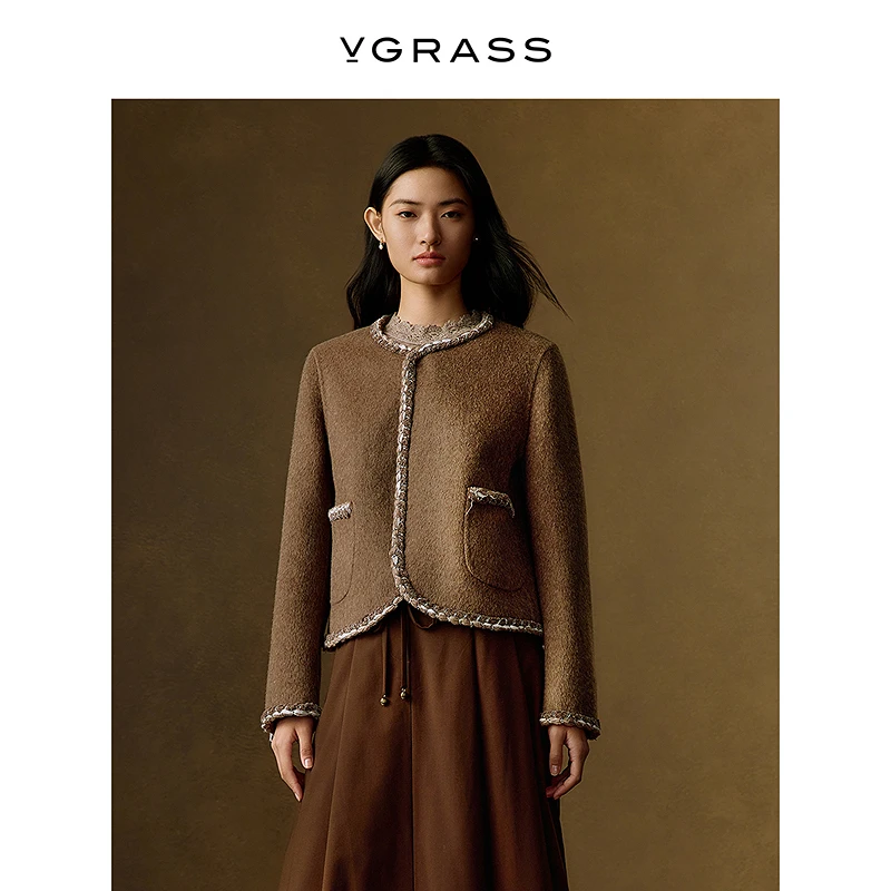 【达人专用】VGRASS25冬新款羊毛混纺经典复古静奢小香风短款外套