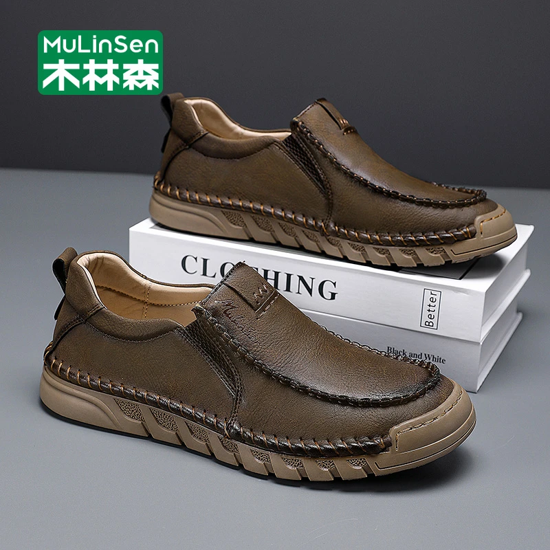 木林森皮鞋男款2025新款商务休闲鞋一脚蹬懒人软底中老年爸爸鞋子
