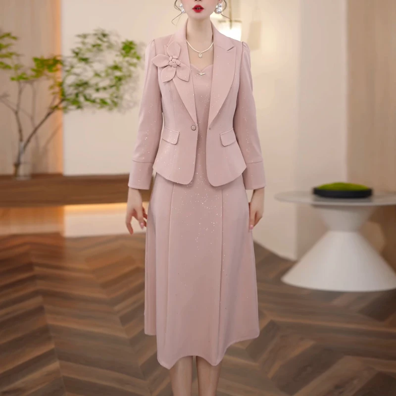 时尚气质粉色系西装连衣裙套装2025秋新款洋气减龄显瘦遮肉两件套