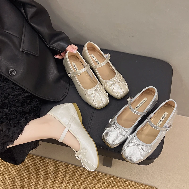 网红增高蝴蝶结夏季单鞋女2025新款平跟软底芭蕾鞋浅口玛丽珍鞋