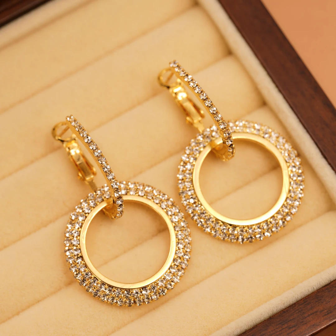 铜合金合成锆石耳饰 法式几何圆圈耳环女夸张2025新款气质高级感