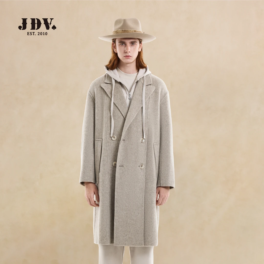 J.D.V秋冬新款男士老钱风绵羊毛厚款翻领中长款毛呢外套WCO5106