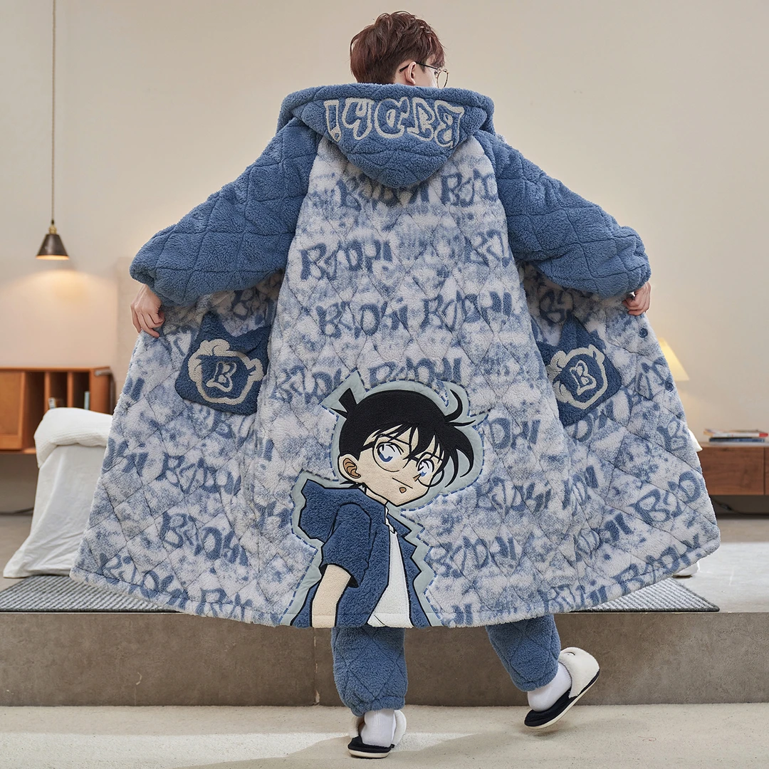 睡袍冬款男冬季珊瑚绒加绒加厚三层夹棉大码青少年学生睡衣家居服