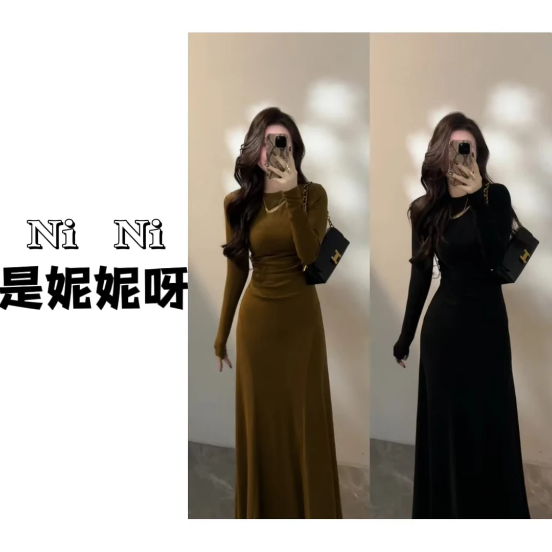 【妮妮专属】A672长袖显瘦修身加绒加厚连衣裙气质长款裙子秋冬新款