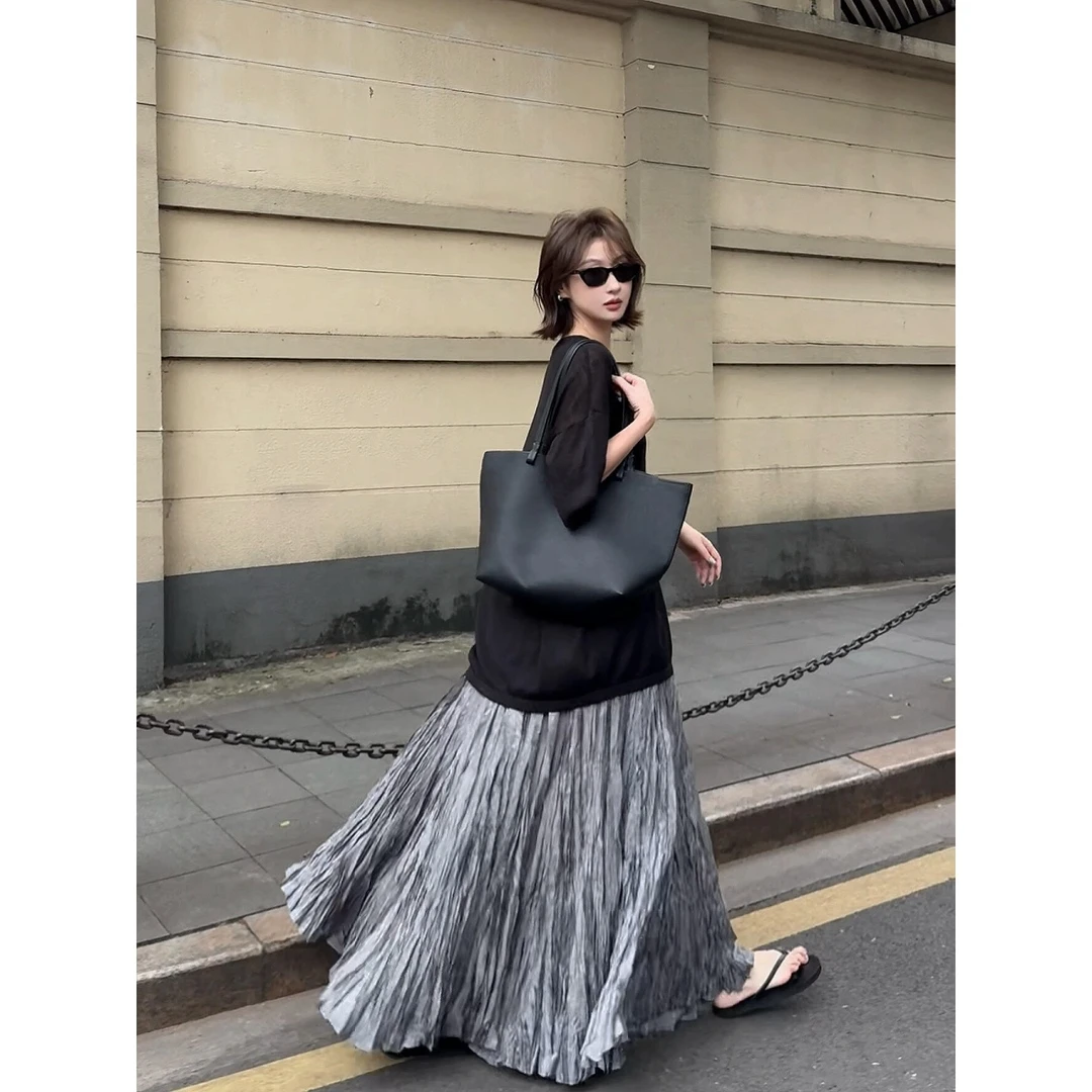 高冷御姐范慵懒时尚薄款黑色上衣罩衫高级感垂坠感扎染半身裙套装