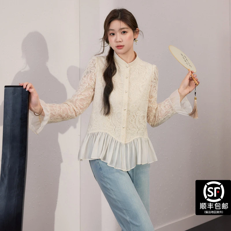 蓝语大码女装温柔优雅绣花蕾丝长袖上衣2025秋季胖mm显瘦别致小衫