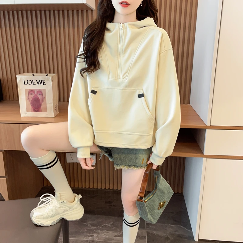 韩系半拉链连帽卫衣女2025秋季新款宽松小众设计感休闲套头上衣潮