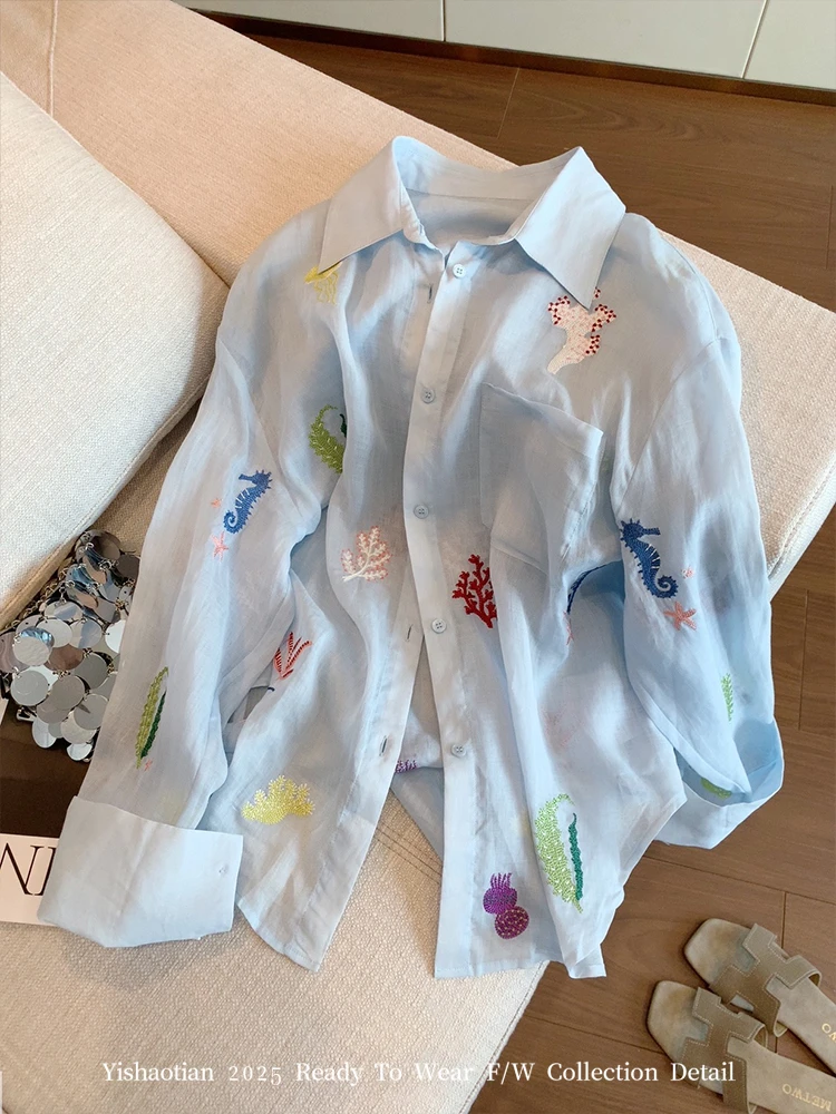 浅蓝色卡通刺绣亚麻衬衫女夏新款设计感小众百搭显瘦薄款防晒上衣