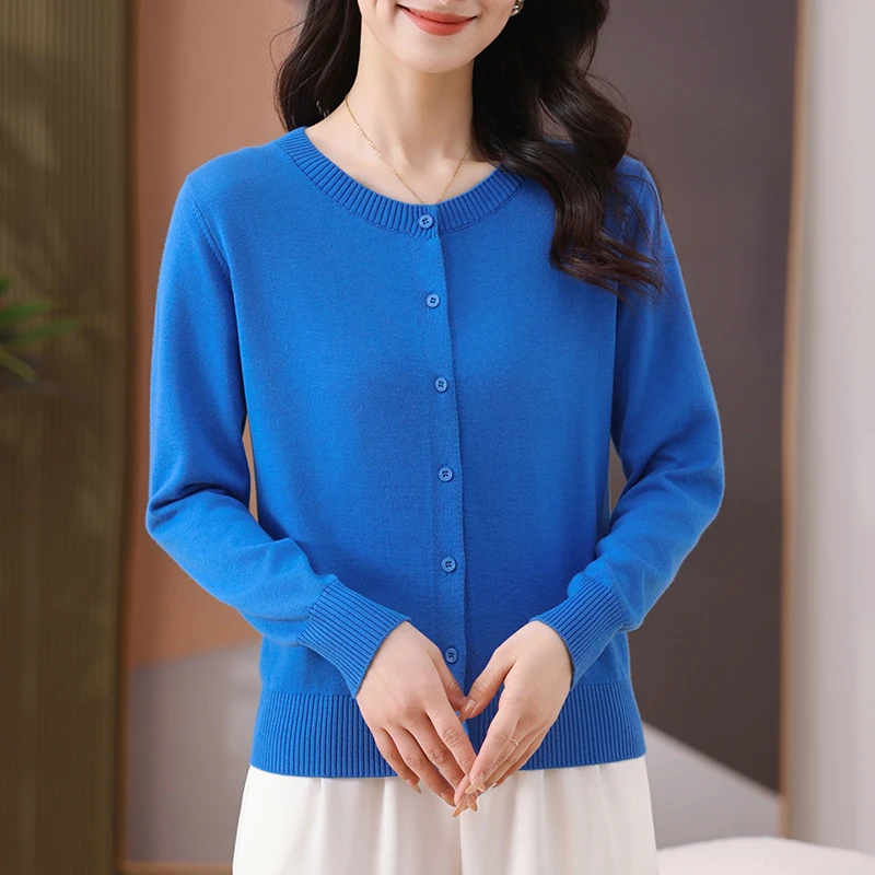 2025圆领开衫外套女春秋长袖针织衫短款时尚百搭纯色宽松外搭上衣