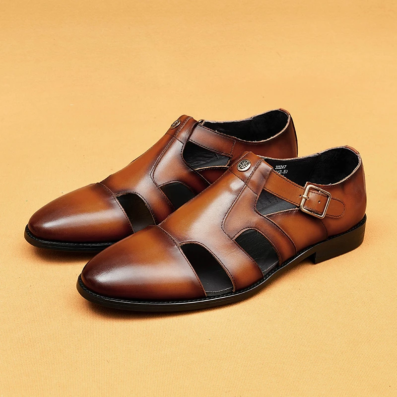 夏季牛皮男士凉鞋商务百搭透气包头鞋子复古男真皮休闲罗马鞋潮