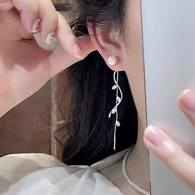 合金耳饰 轻奢时尚长款流苏叶子耳钉耳环女仙气百搭耳饰2025新款