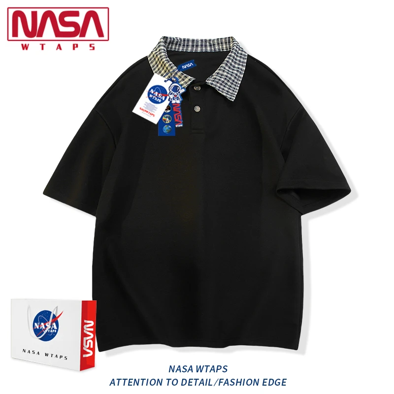 NASA WTAPS潮牌复古格子拼接POLO领短袖T恤男生宽松情侣中袖上衣