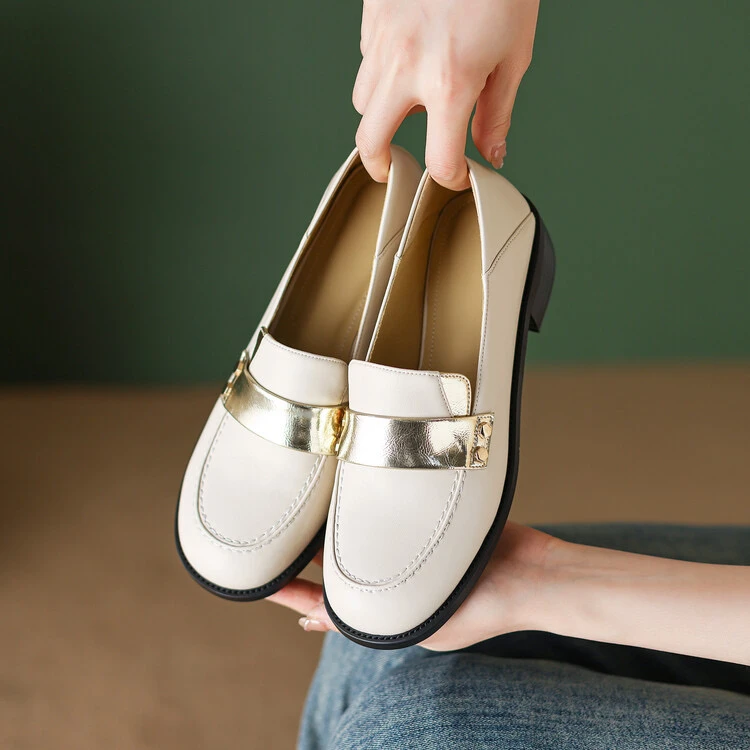 乐福鞋春秋时尚百搭复古春季粗跟英伦风春秋时尚百搭M9991米白色