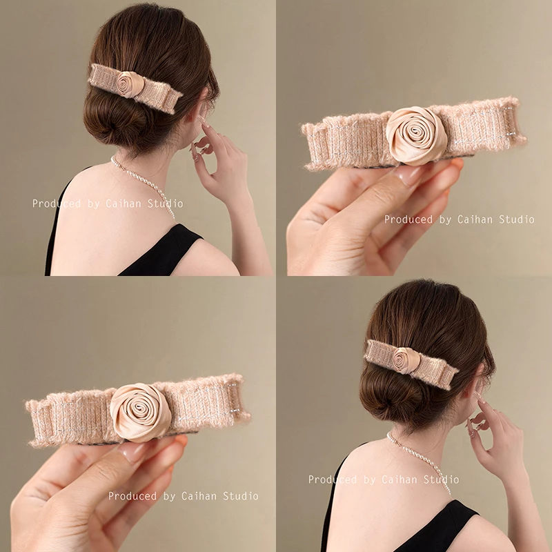 赫本甜心~温柔气质玫瑰鸭嘴夹女秋冬高级感毛线蝴蝶结发夹盘发器