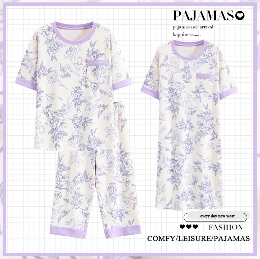 【三件套】棉睡衣女春夏花纹印花时尚短袖睡裙七分裤宽松休闲家居A3