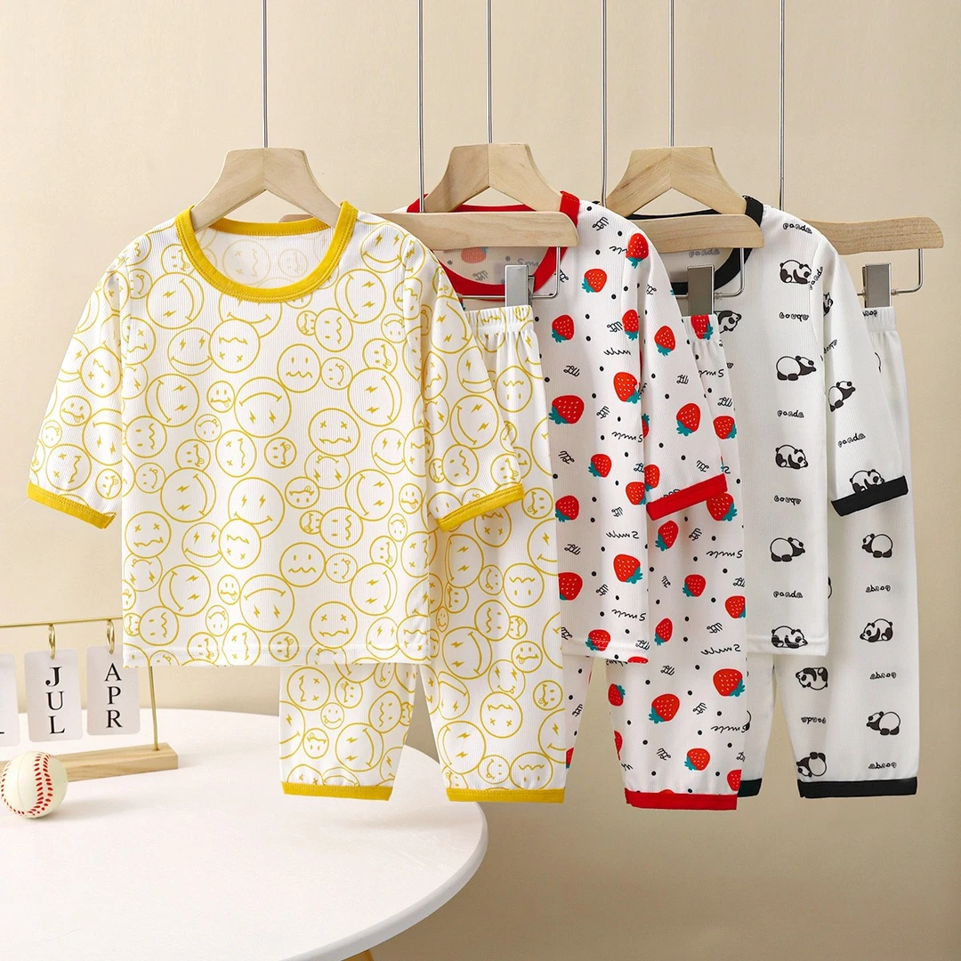 儿童家居服冰感夏季男女孩薄款睡衣七分袖套装男童宝宝夏天空调服