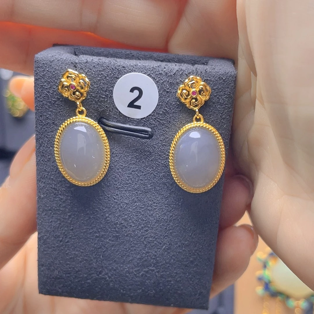 和田玉银S925镀金镶嵌耳饰