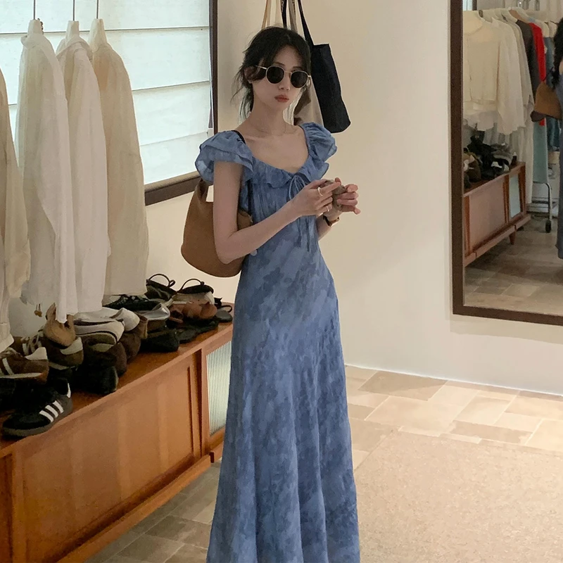 法式蓝色碎花小飞袖连衣裙子女装夏季2025年新款独特绝美长裙3715