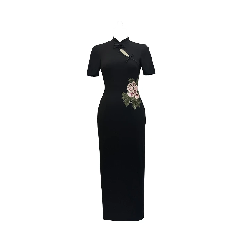 B-babes【牡丹花语】复古新中式改良牡丹旗袍微胖显瘦小众黑色长裙