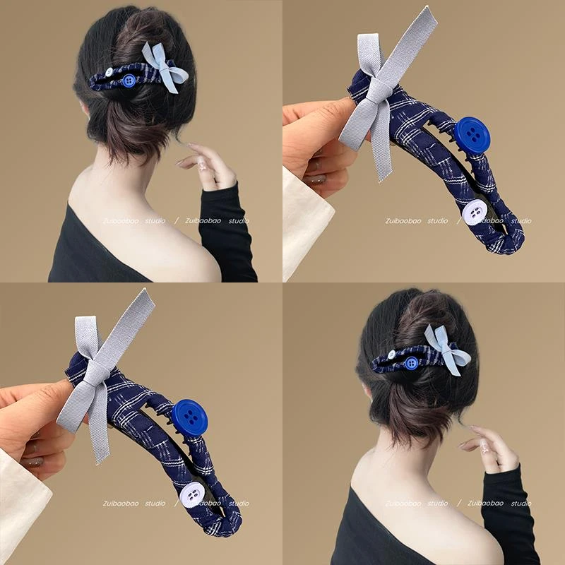 蓝色心情~甜美发夹女后脑勺盘发一字抓夹大号可爱蝴蝶结鸭嘴夹子