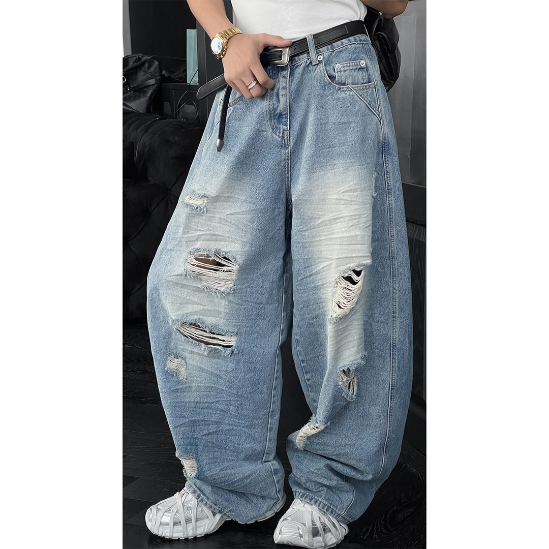 龙叨叨夏季新款潮流美式复古高街破洞宽松垂感弯刀百搭牛仔长裤
