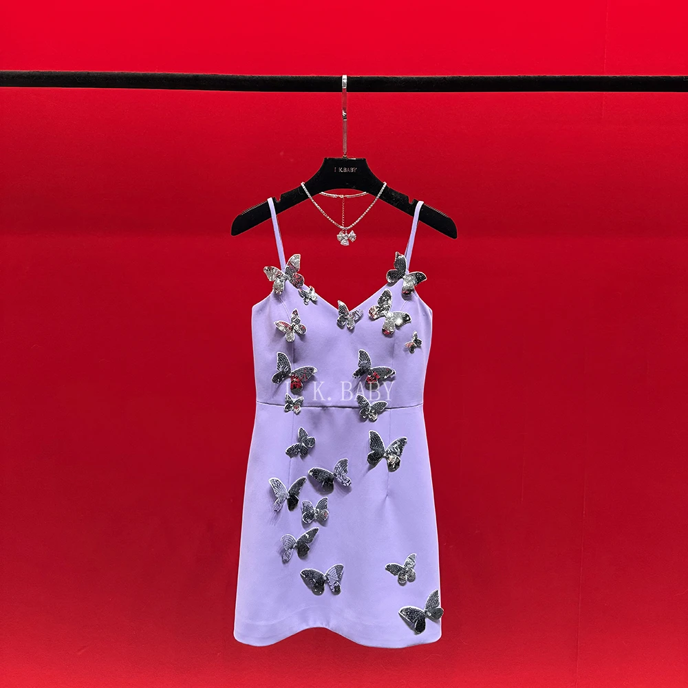 【L.K.BABY】 紫影梦蝶  法式「蝴蝶翩翩」温柔风灵动蝴蝶吊带连衣裙
