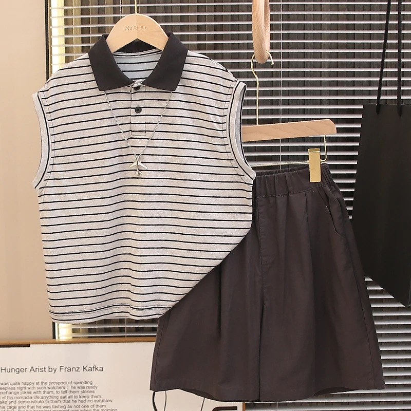 童装男童夏装套装2025新款儿童夏季纯棉条纹polo衫两件套宽松帅气