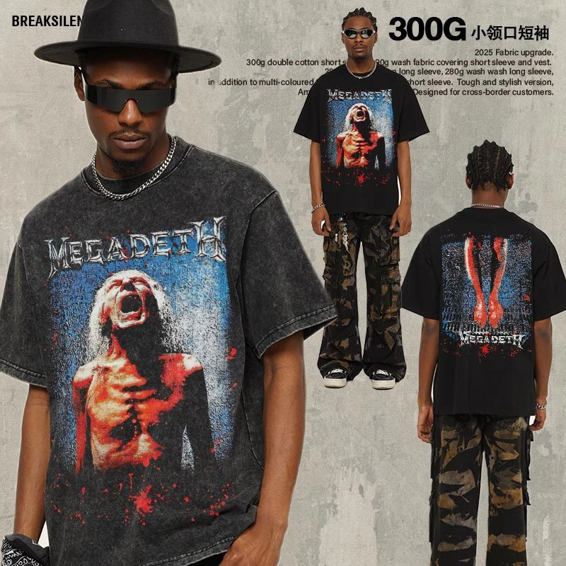 2025春夏MEGADETH乐队美式t恤透气印花重磅短袖男纯棉圆领t