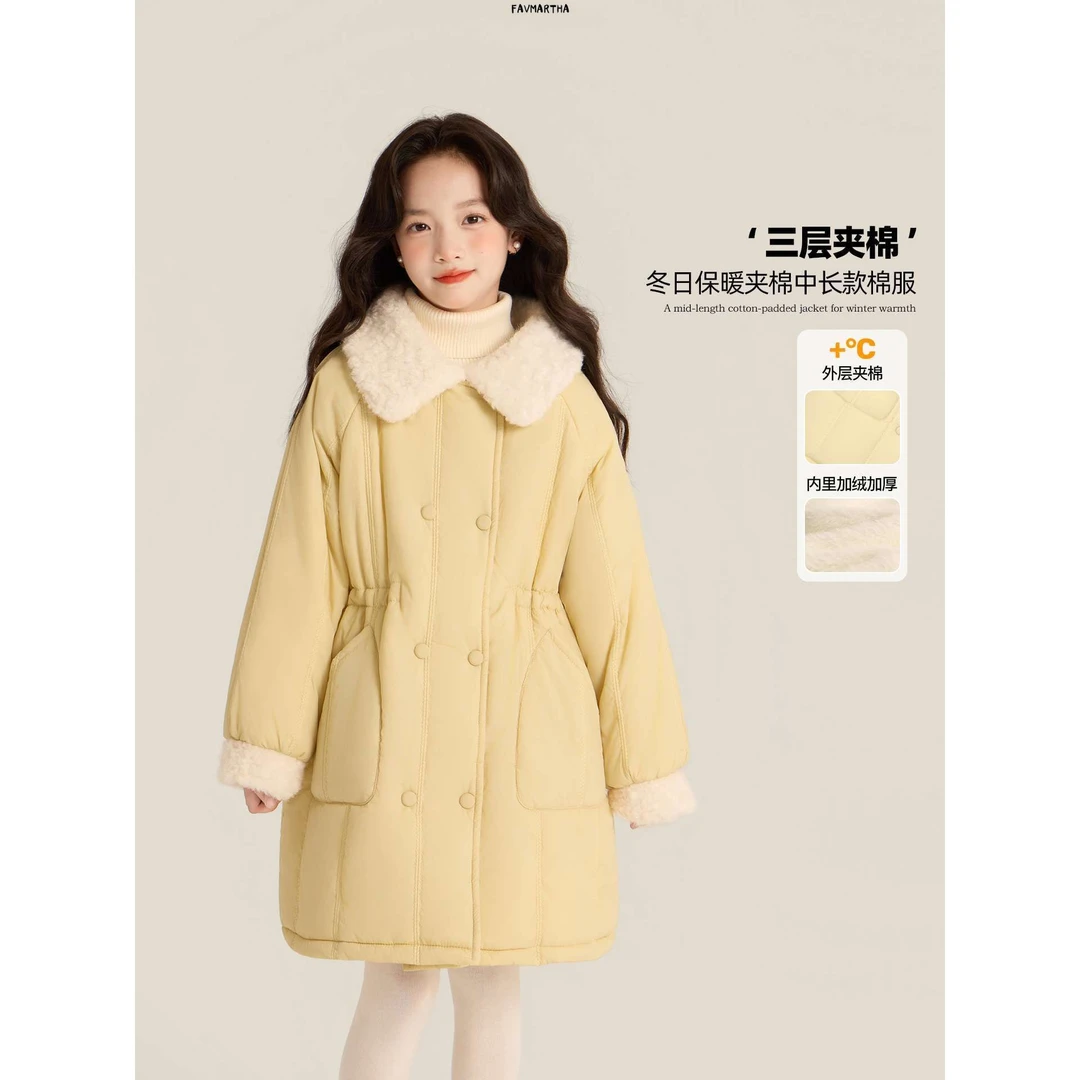 女童上衣冬季2025新款新款色保暖中长款毛毛领双排棉服外套
