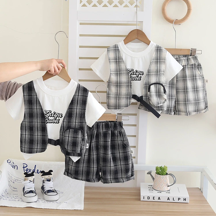 套装韩版夏季格子通用中小童ZQ252211格子马甲假三件短袖两件套