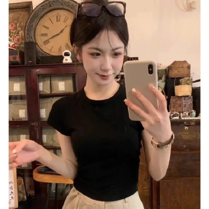 甜辣妹后背镂空短袖T恤女2025夏季韩版圆领修身纯色上衣显瘦百搭