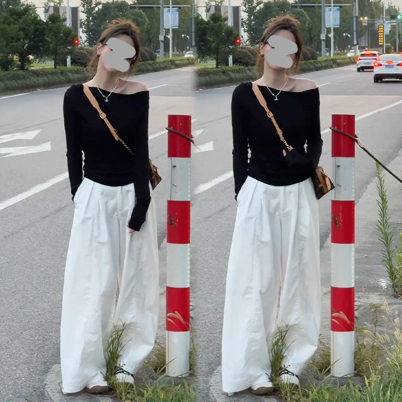 韩版休闲时尚套装女2025春秋新款露肩打底衫长袖上衣阔腿裤两件套