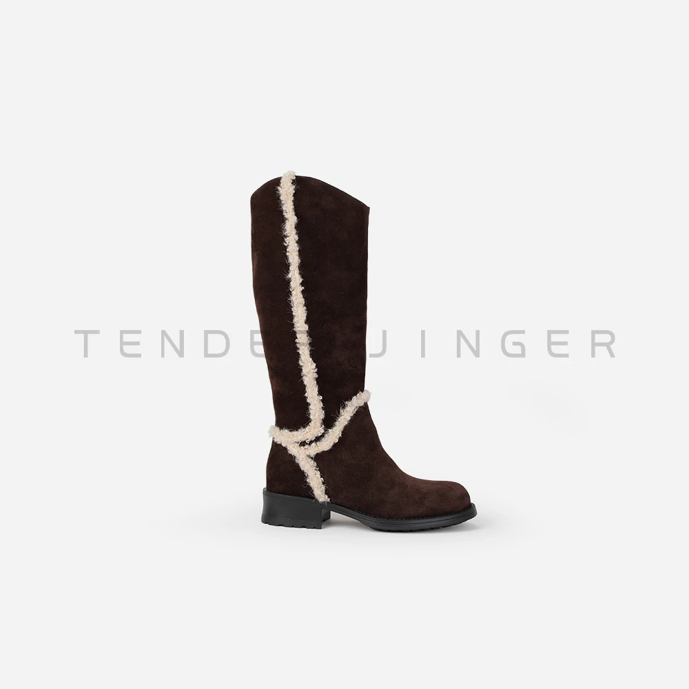 Tender Jinger｜线下专供 反绒编织卷毛低跟长筒靴 M251033