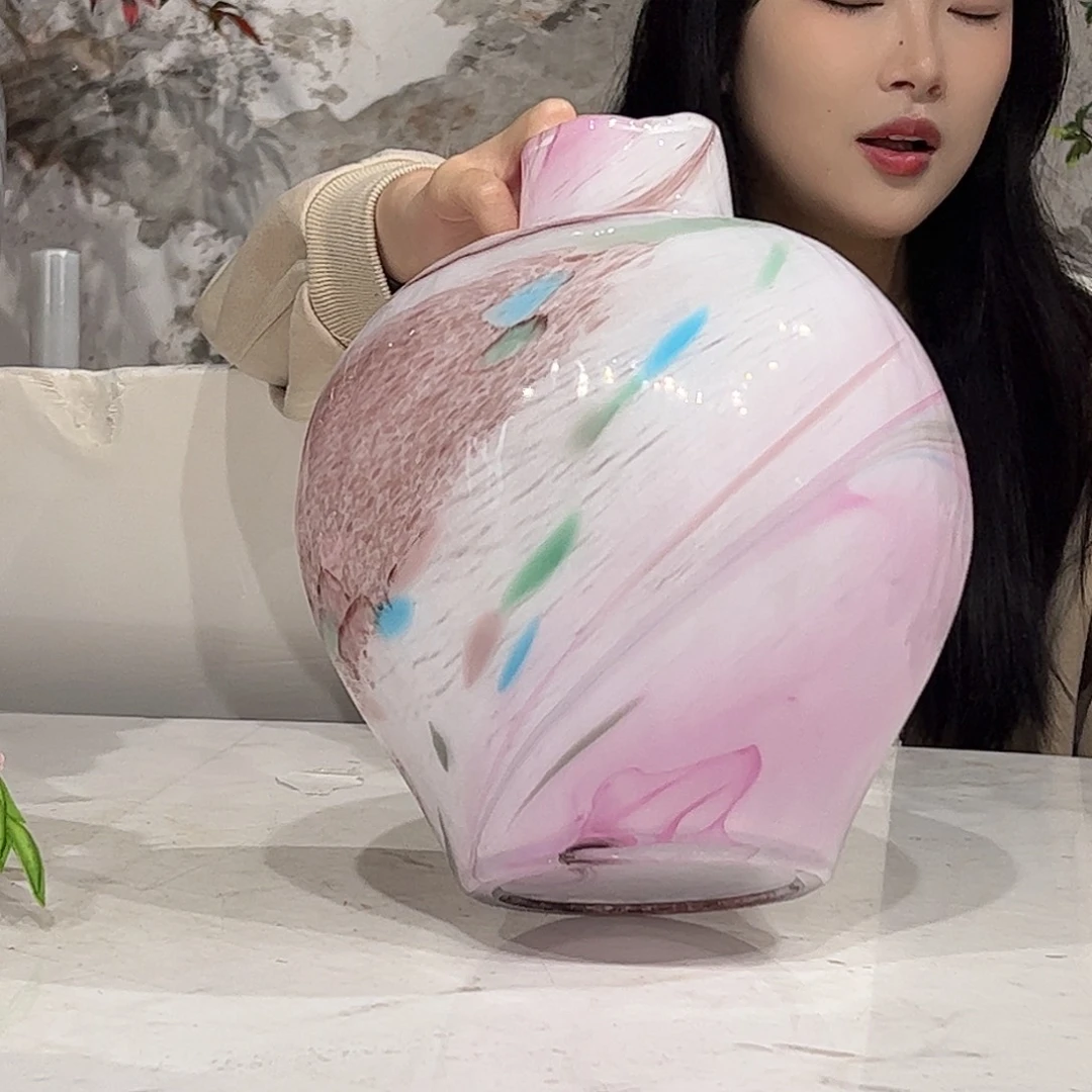 琉璃粉色大肚收口花瓶