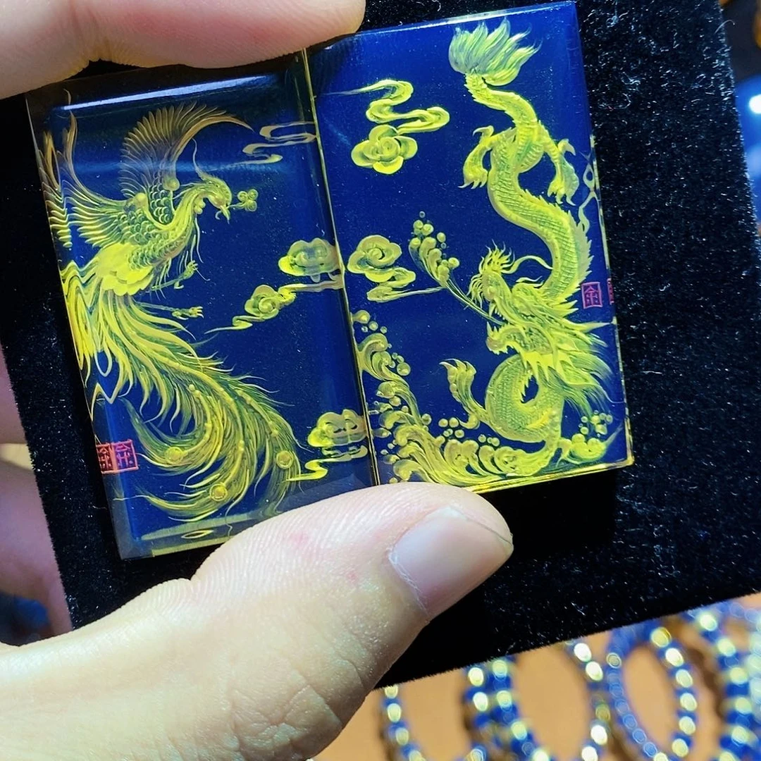 蓝珀未镶嵌珠宝奇石蓝珀龙凤对牌