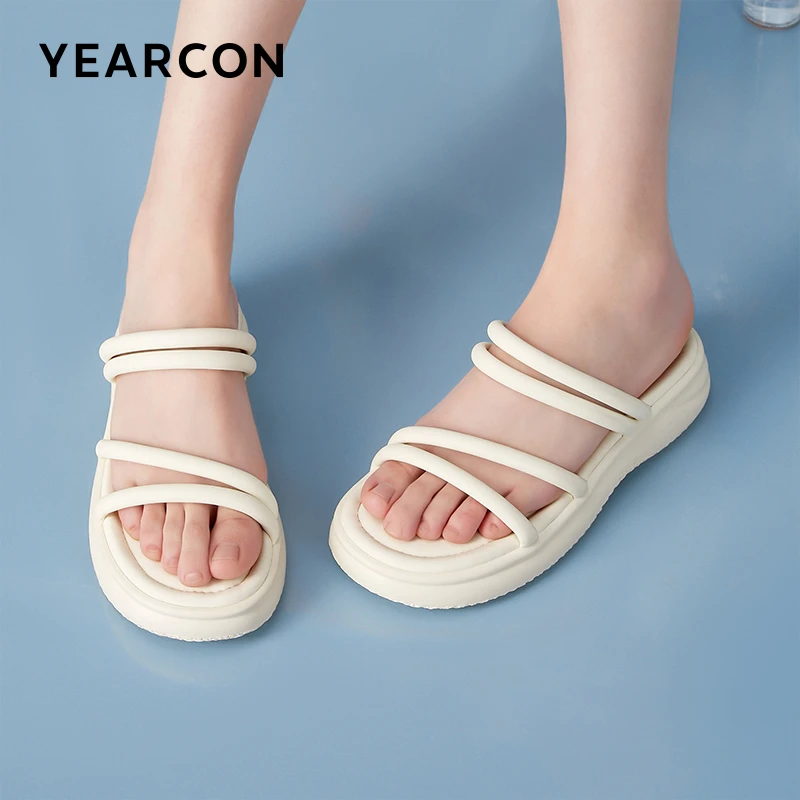 意尔康女鞋2025夏季新款时尚平底中跟舒适简约一脚蹬百搭一字凉拖