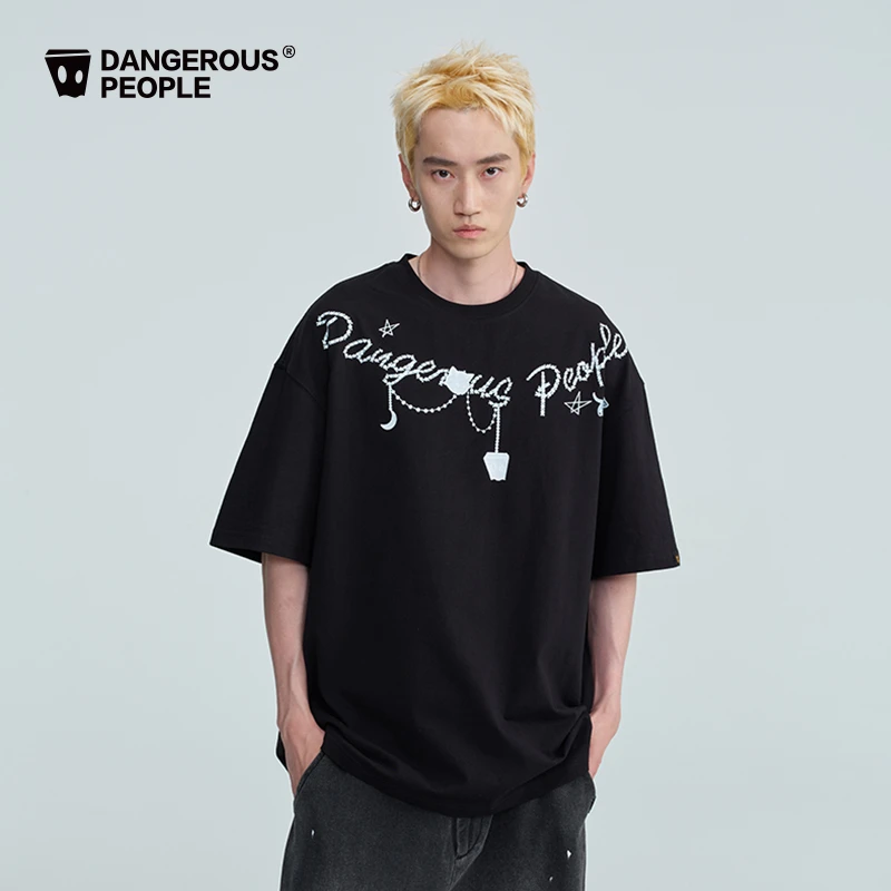 Dangerouspeople薛之谦dsp链条字母印花T恤时尚潮流落肩宽松短袖