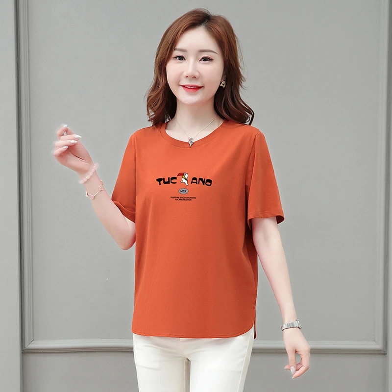 跨境工厂短袖t恤女2024新款上衣夏季中老年妈妈纯棉宽松大码女装