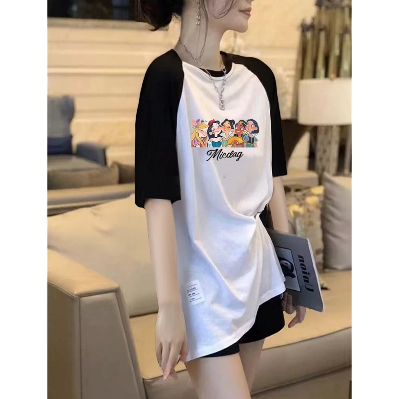 夏季大码插肩袖宽松洋气短袖t恤女2025年新款中长款黑白半袖上衣