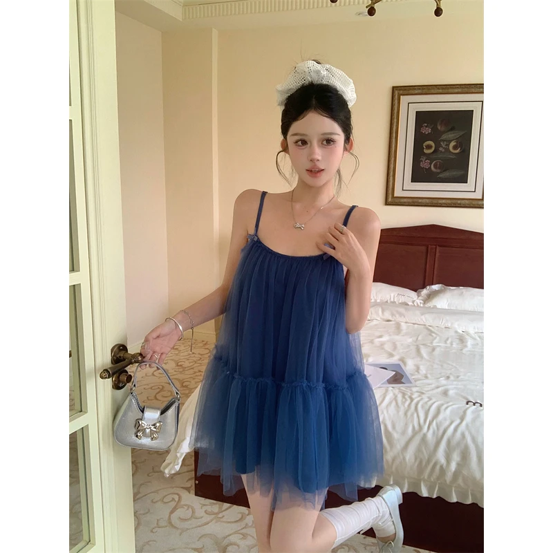 法式夏季2025新款海边度假风网纱蓬蓬吊带背心连衣裙短裙仙女裙女