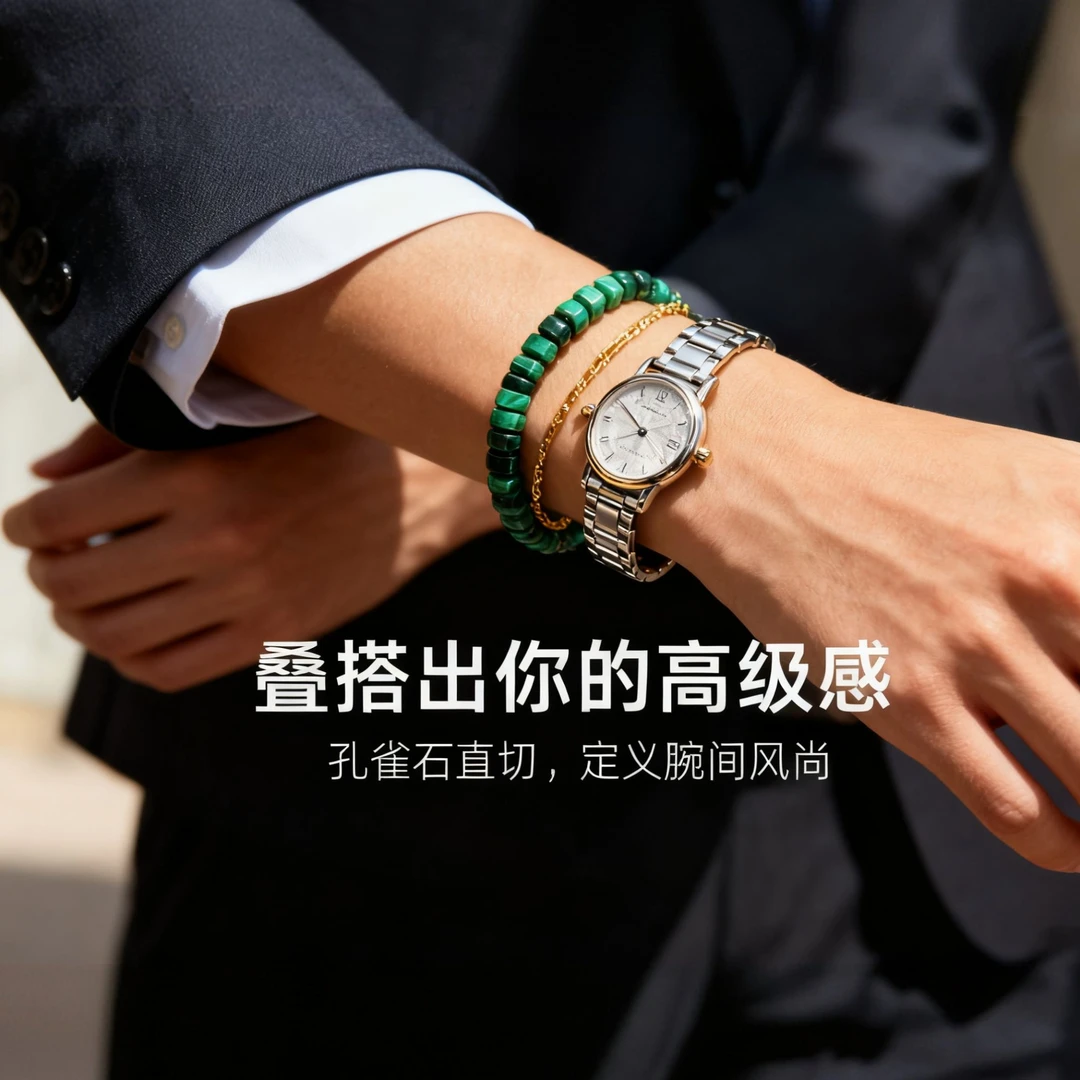 雾戎珠宝天然孔雀石直切药片隔片新中式diy手串饰品