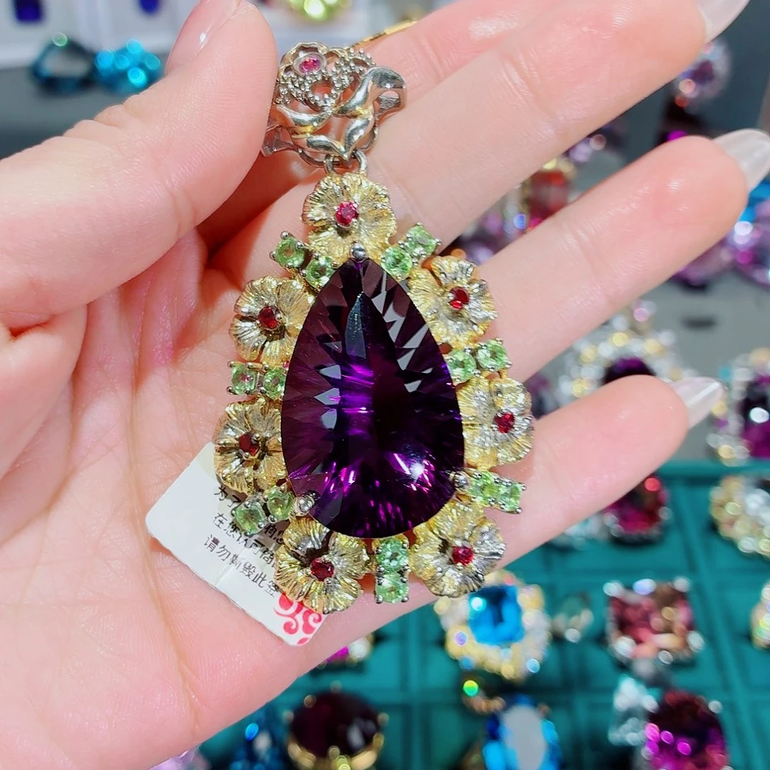 银S925镶嵌紫晶颈饰吊坠