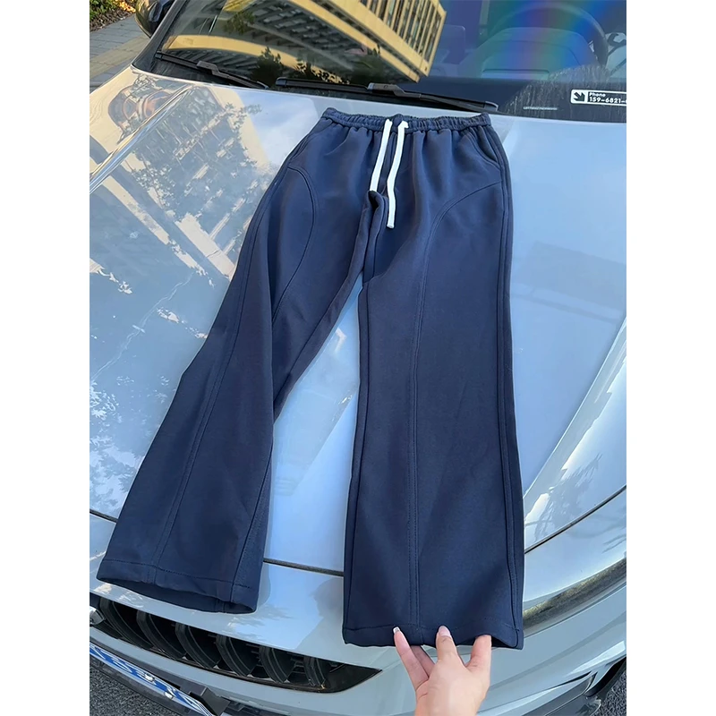 藏青色斜切弯刀微喇卫裤男秋季美式抽绳裤子直筒休闲青少年运动裤