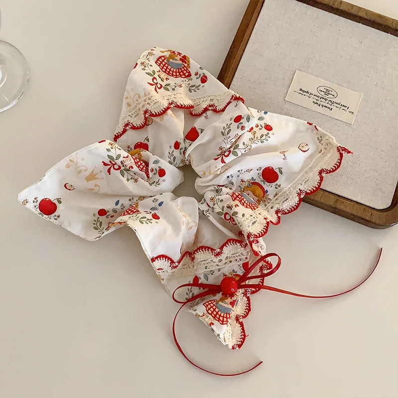 可爱韩系红色蝴蝶结蕾丝方巾大肠发圈女超大号方形扎头发头绳头饰