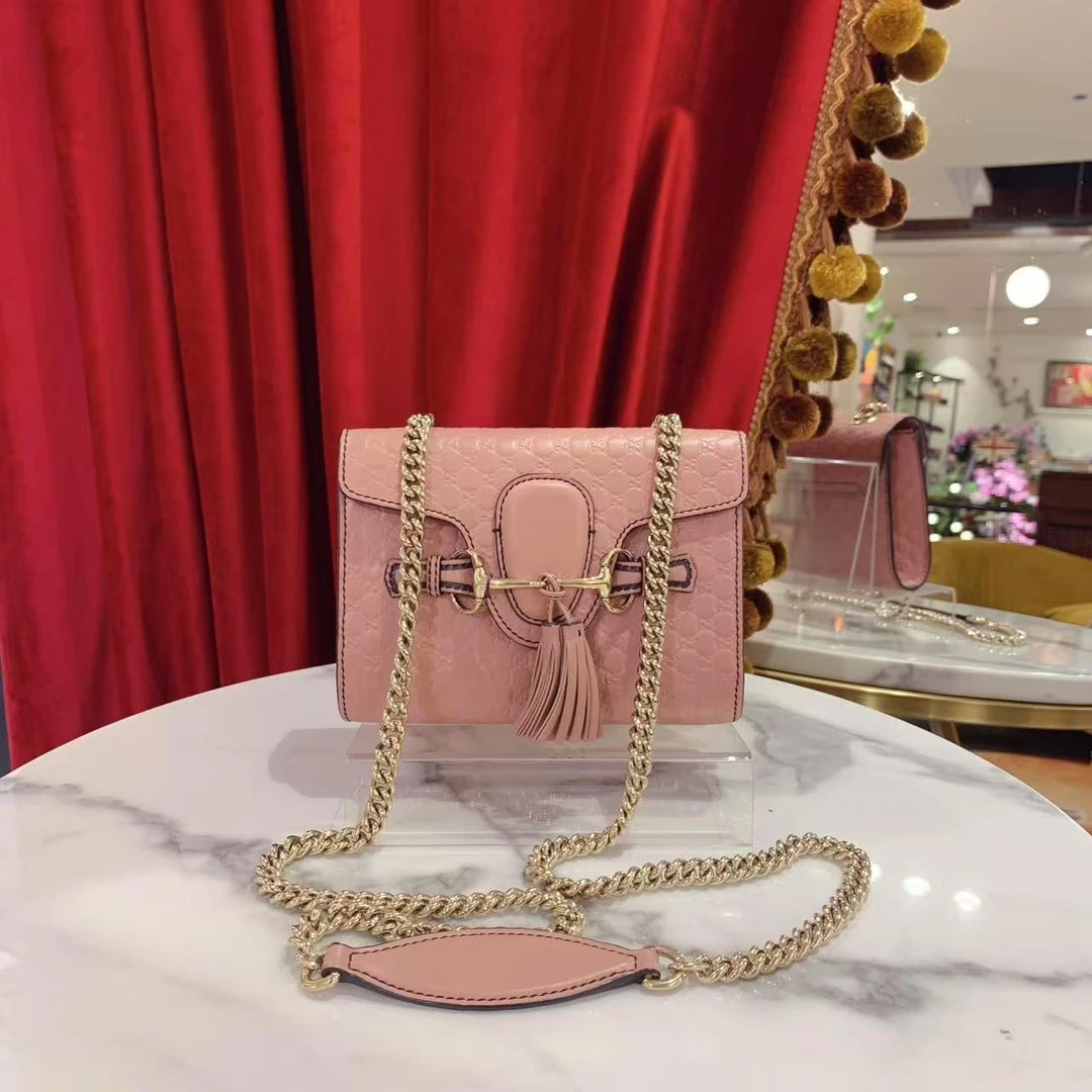 95新 GUCCI/古驰 GGS古驰emily中号粉色金扣牛皮马衔扣97649977