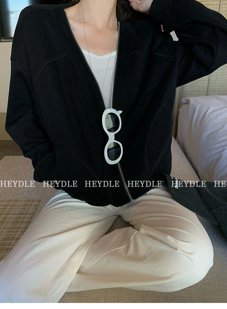 休闲解构v领拉链灰色卫衣外套秋季宽松慵懒风百搭设计感长袖上衣