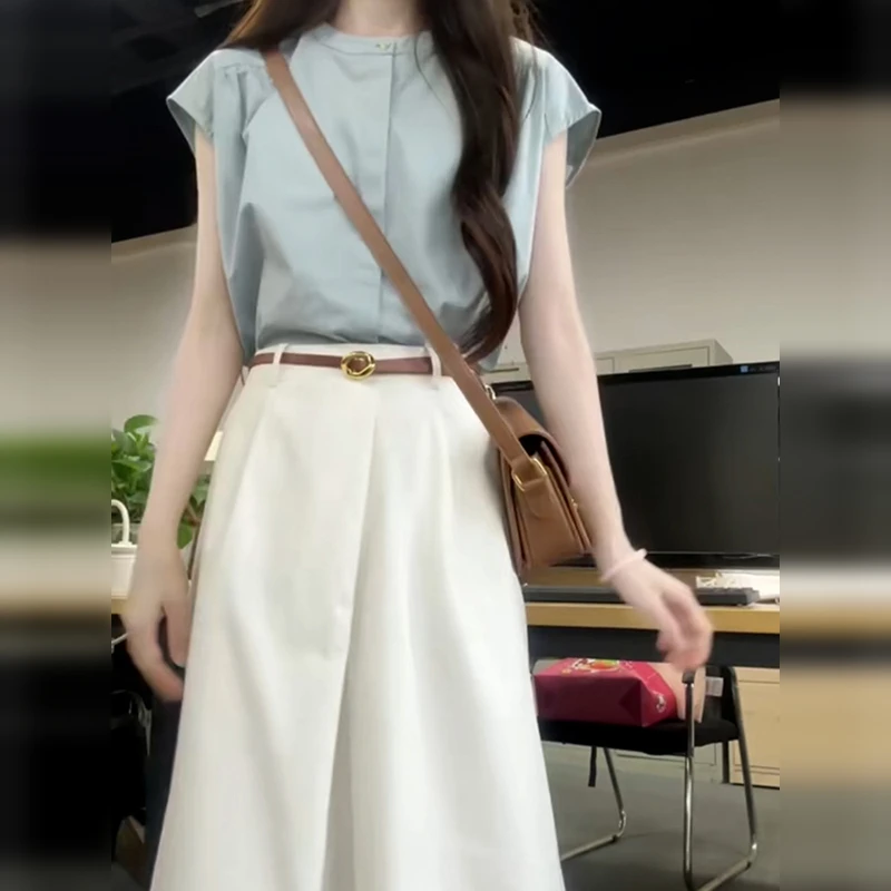 2497小个子穿搭一整套2024新款高级感蓝色衬衫上衣半身裙两件套装