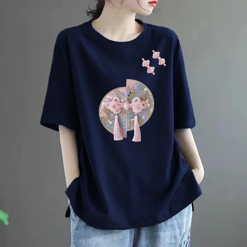 国风两位纯棉古风中国风t恤女宽松新款圆领中长款印花女