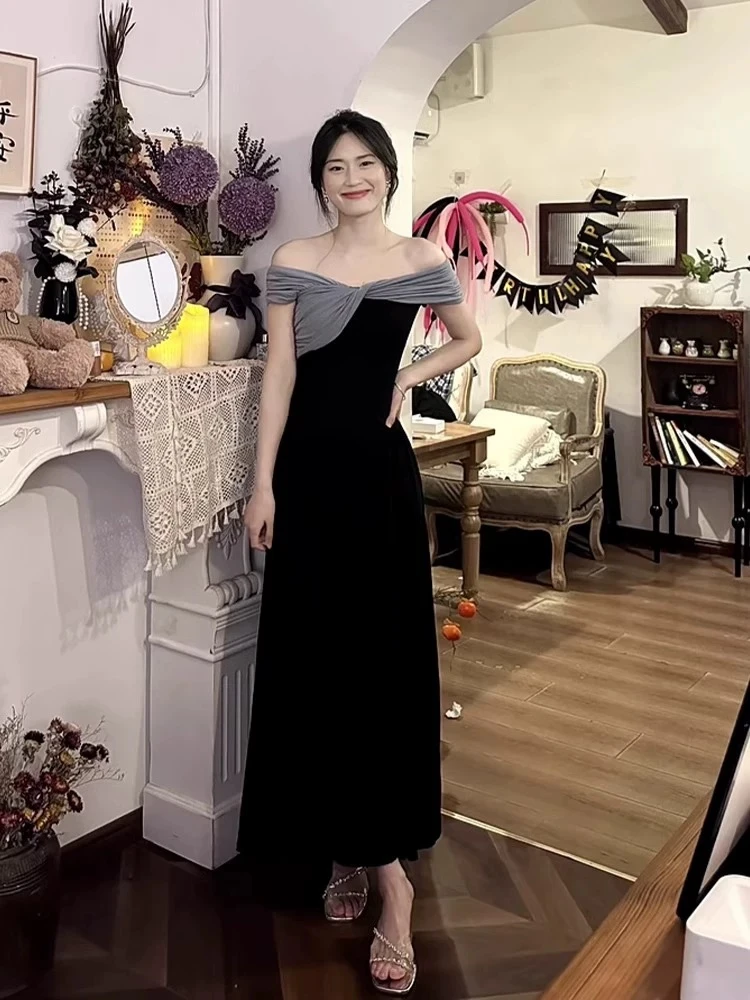 Y9300法式撞色一字领两穿连衣裙女夏季高级感气质收腰显瘦长裙