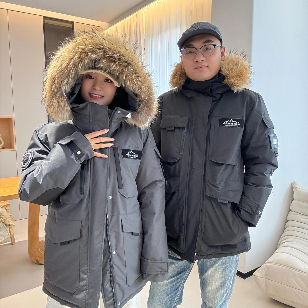 特厚中长款情侣耐寒白鹅绒潮牌加厚情侣男女款百搭户外工装羽绒服